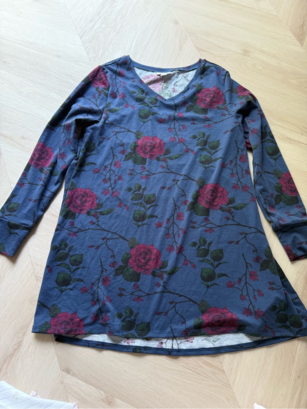 LuLaRoe Blue Floral V-Neck Tunic with Red Rose Print
